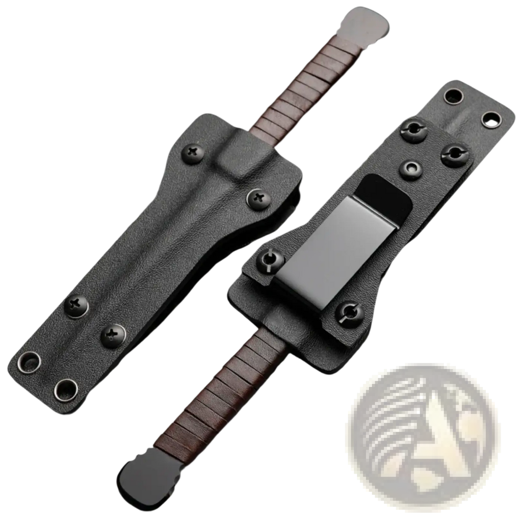 Black tactical camping knife sheath with brown leather handle and metallic clip designed for secure survival carry