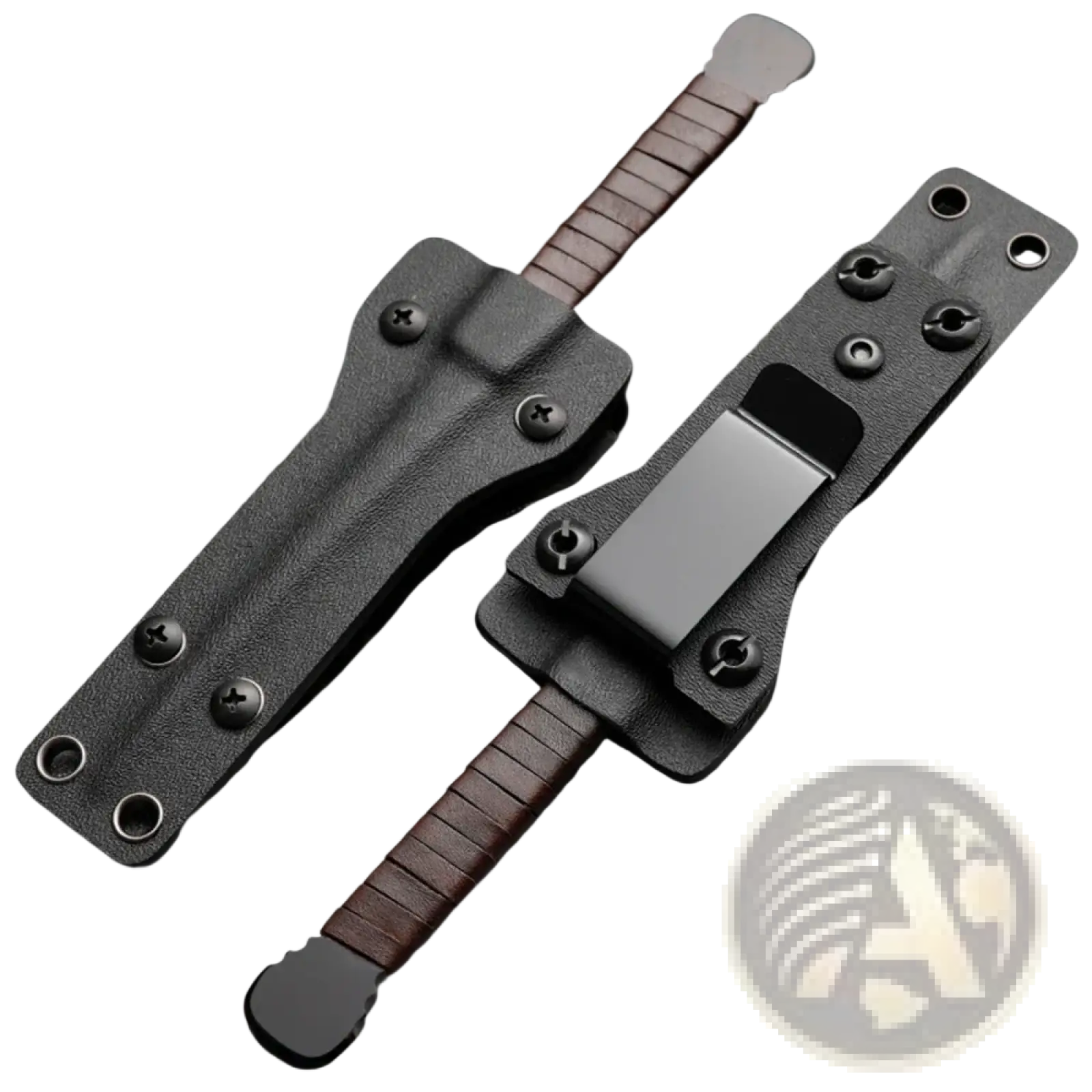 Black tactical camping knife sheath with brown leather handle and metallic clip designed for secure survival carry