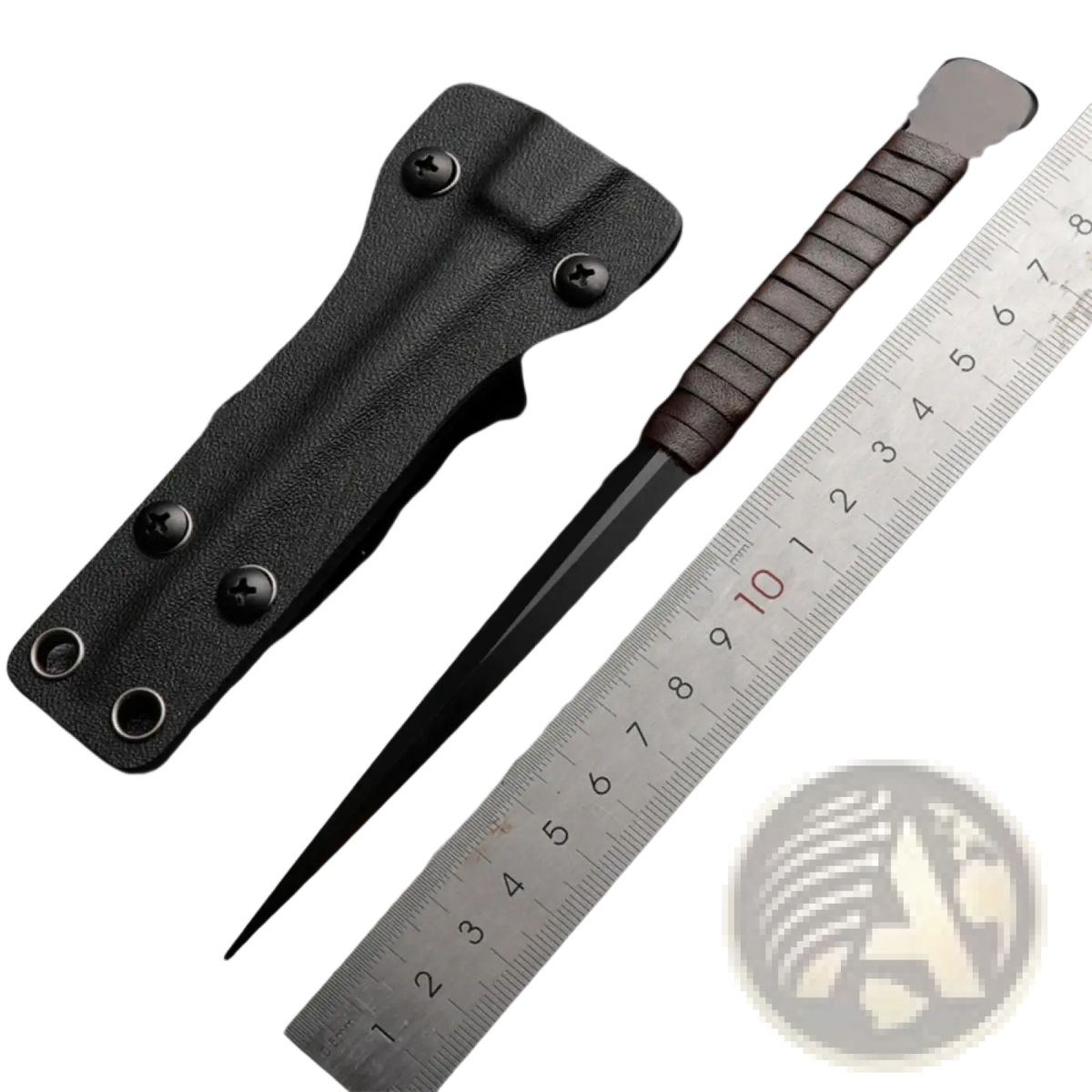 Black tactical camping knife with textured brown leather handle and sleek pointed blade survival tool