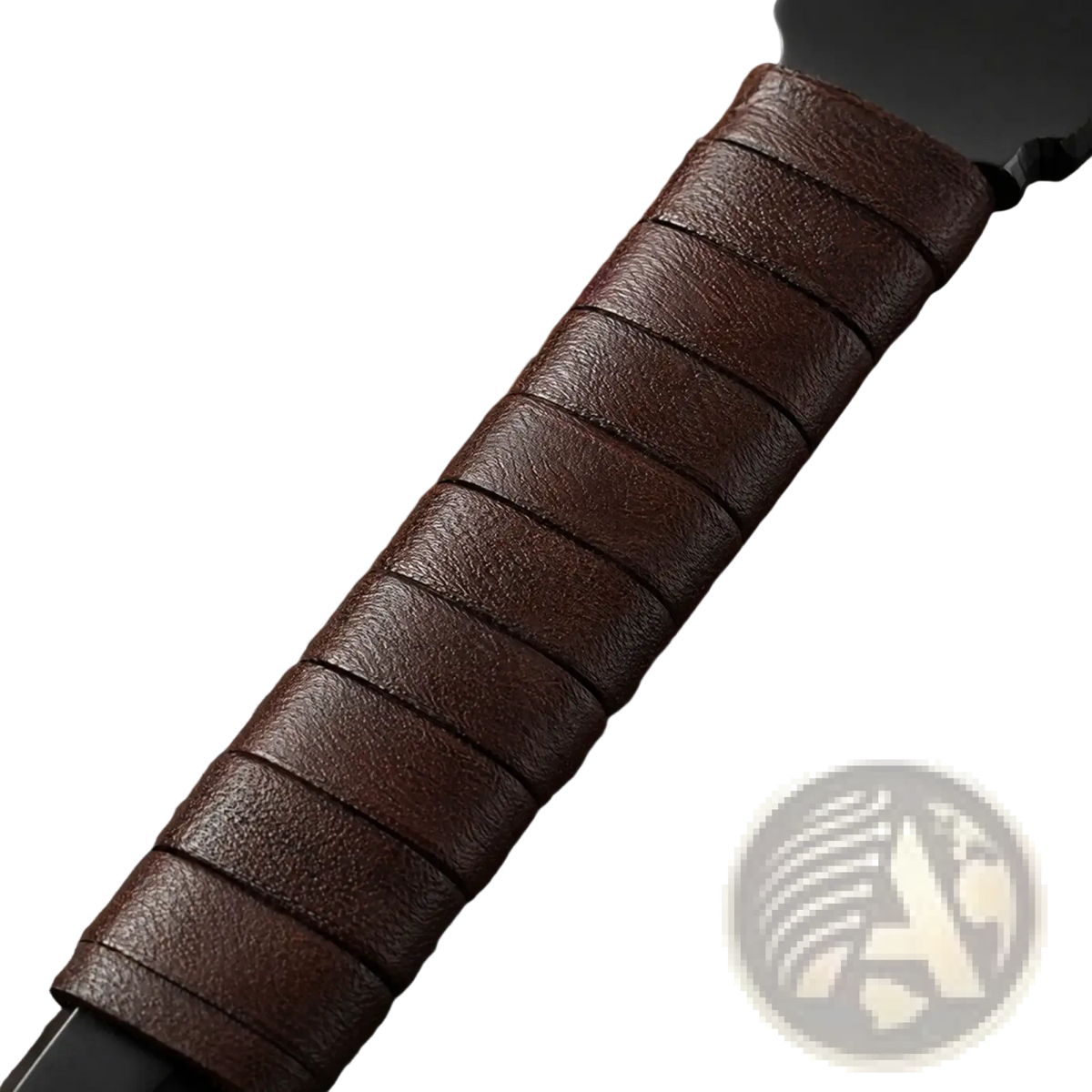 Tactical camping knife with a brown leather-wrapped handle featuring a textured segmented design for survival use