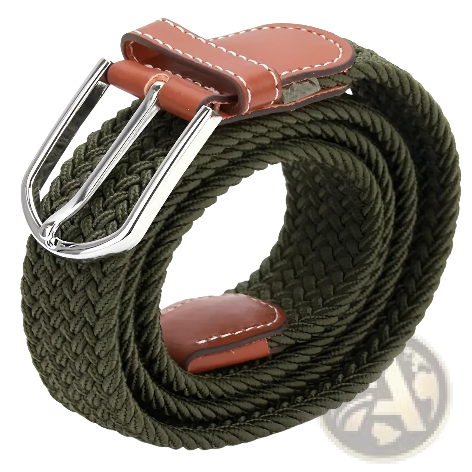 Tactical canvas belt adjustable men outdoor waistband in olive green woven fabric with brown leather lining and silver metal buckle