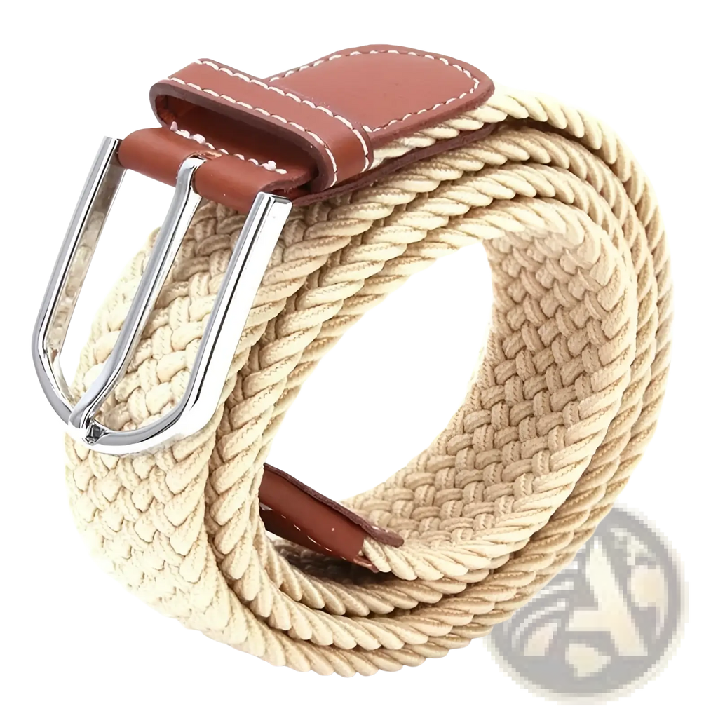 Beige braided elastic tactical canvas belt with brown leather tab and silver buckle for adjustable outdoor use