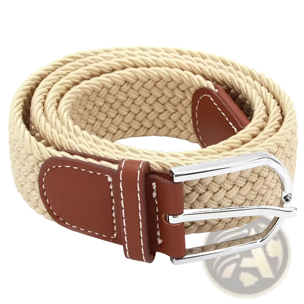 Beige woven elastic tactical canvas belt with brown leather accents and silver buckle adjustable for men outdoor use
