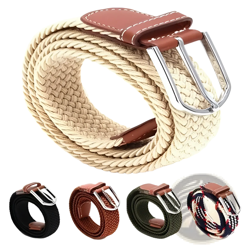 Beige woven elastic tactical canvas belt with brown leather tab and silver buckle for adjustable outdoor use
