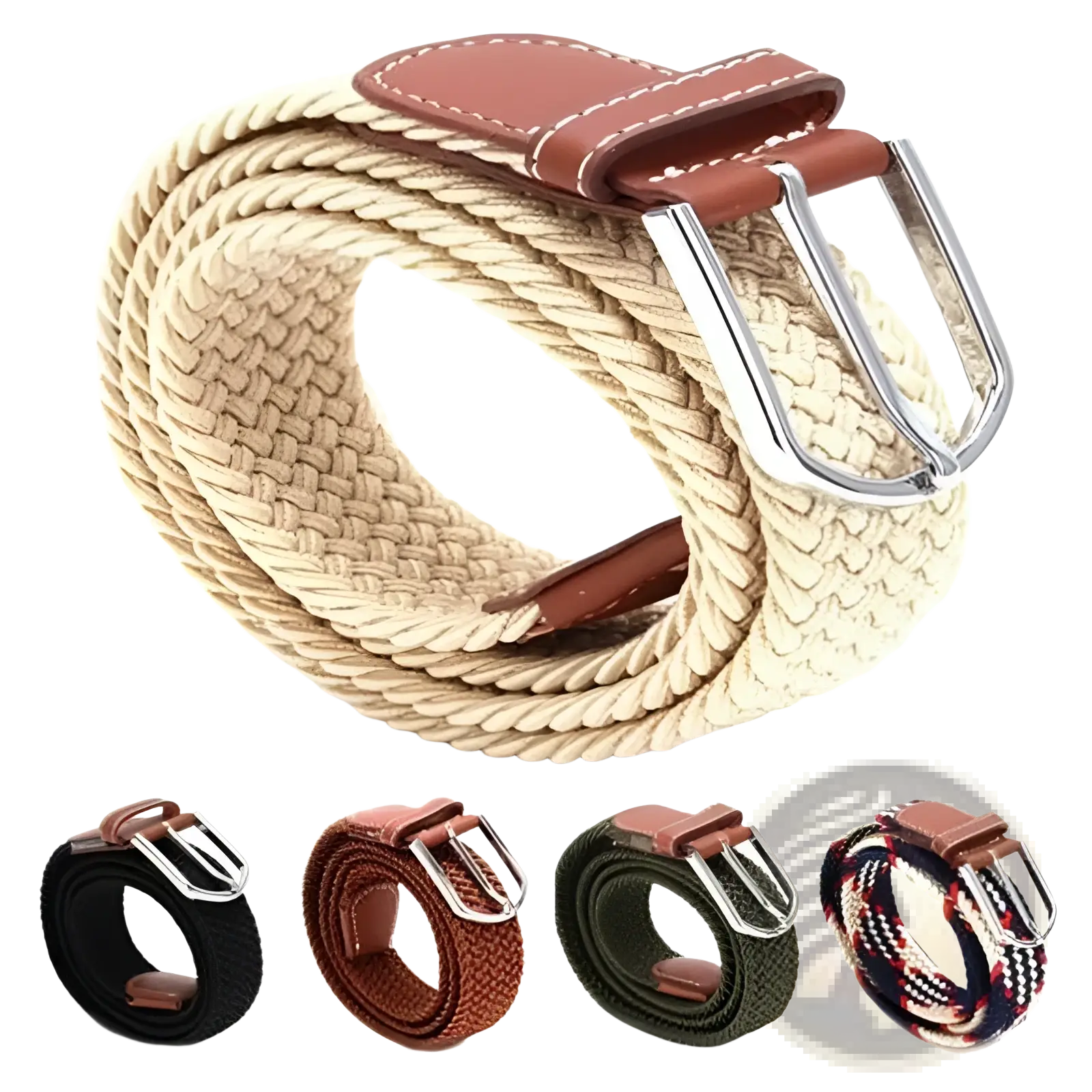 Beige woven elastic tactical canvas belt with brown leather tab and silver buckle for adjustable outdoor use