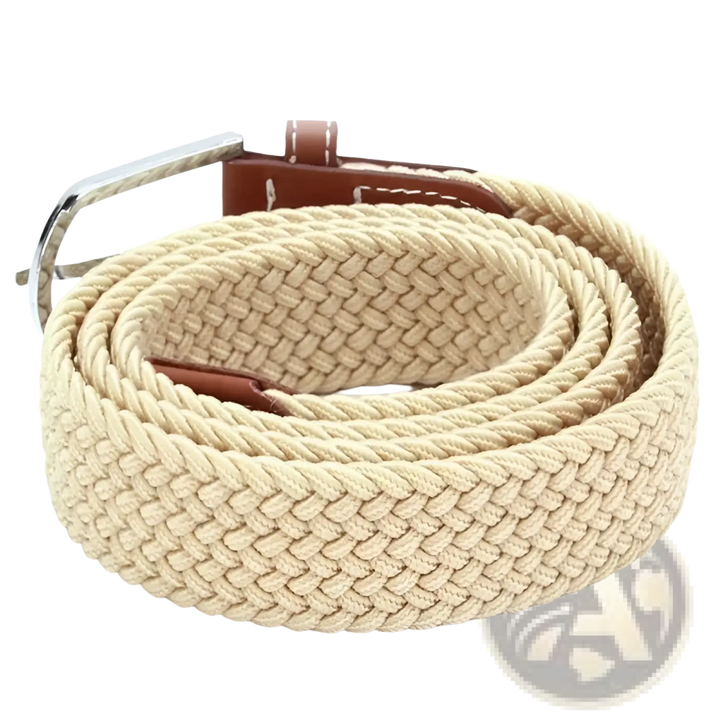 Beige tactical canvas belt with woven rope design brown leather tab and silver-toned buckle for men outdoor waistband