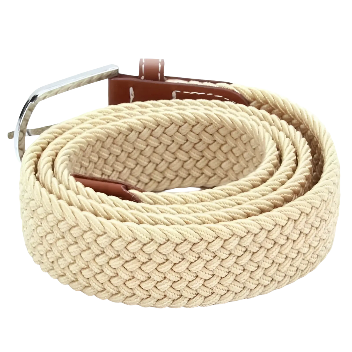 Beige tactical canvas belt with woven rope design brown leather tab and silver-toned buckle for men outdoor waistband
