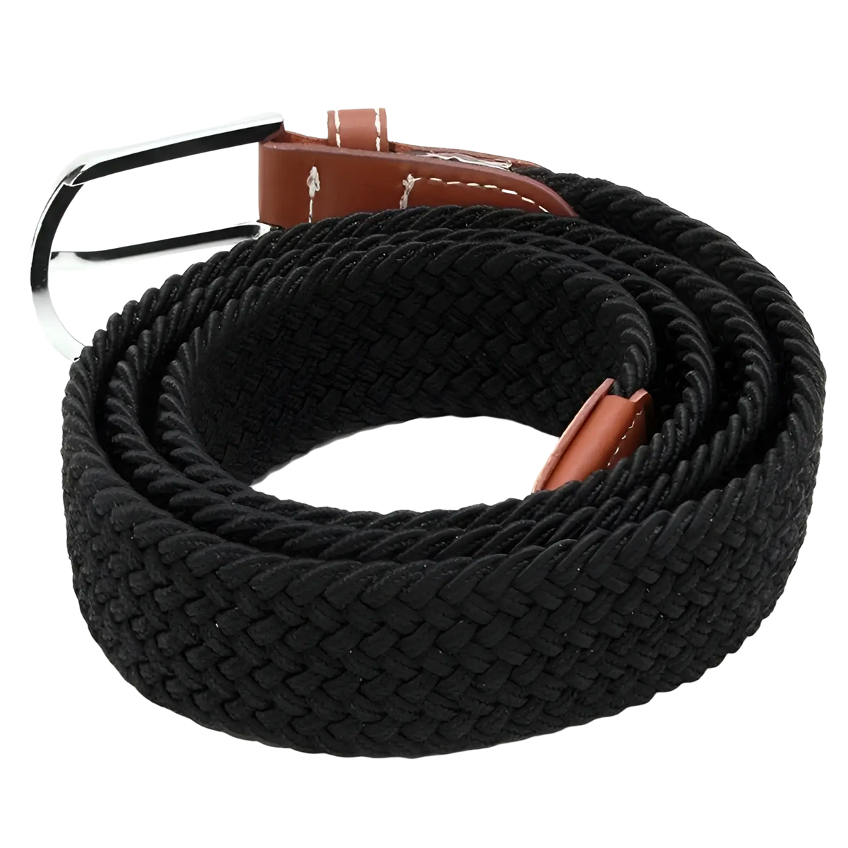Black braided elastic tactical canvas belt with silver buckle and brown leather accents for outdoor adjustable waistbands