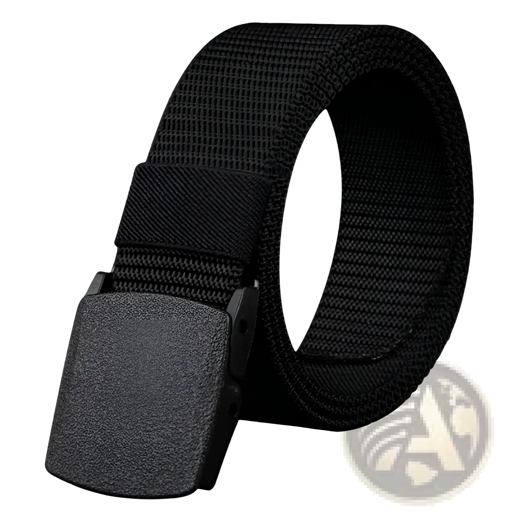 Black tactical canvas belt with adjustable webbing and a matte black textured buckle for outdoor use