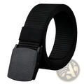 Black tactical canvas belt with adjustable webbing and a matte black textured buckle for outdoor use