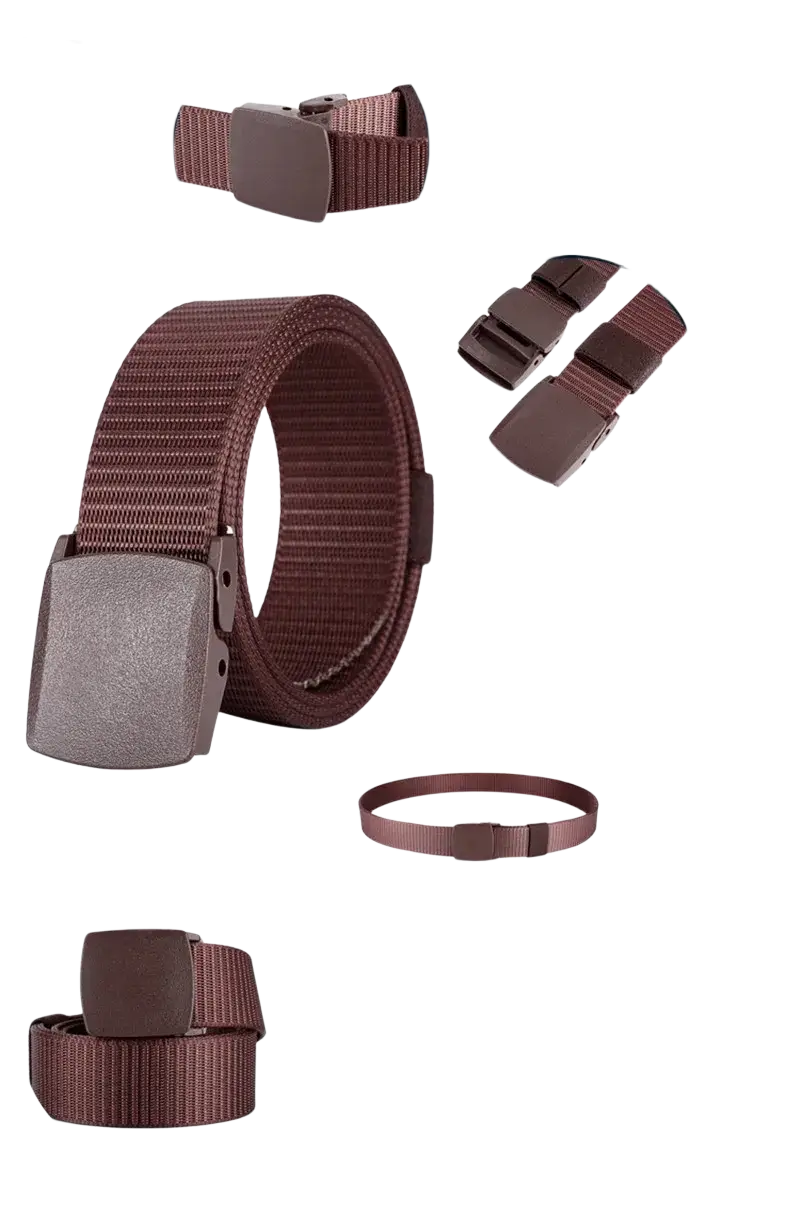 Brown tactical canvas belt with matte plastic buckle and double nylon knit fabric for adjustable outdoor use