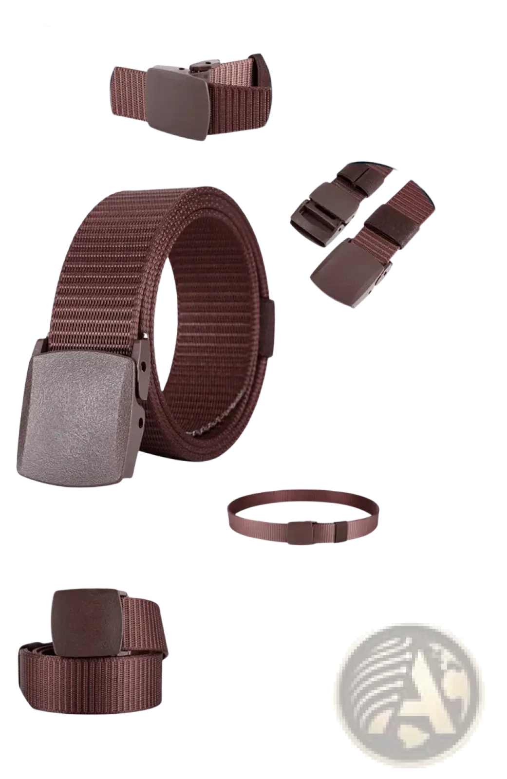 Brown tactical canvas belt with matte plastic buckle and double nylon knit fabric for adjustable outdoor use