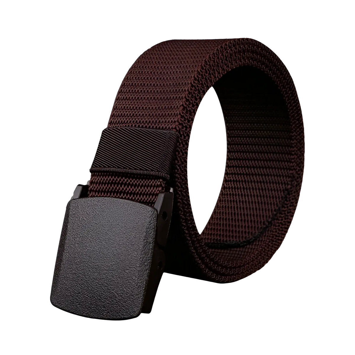 Brown woven canvas tactical belt with matte black plastic buckle adjustable for men outdoor waistband use