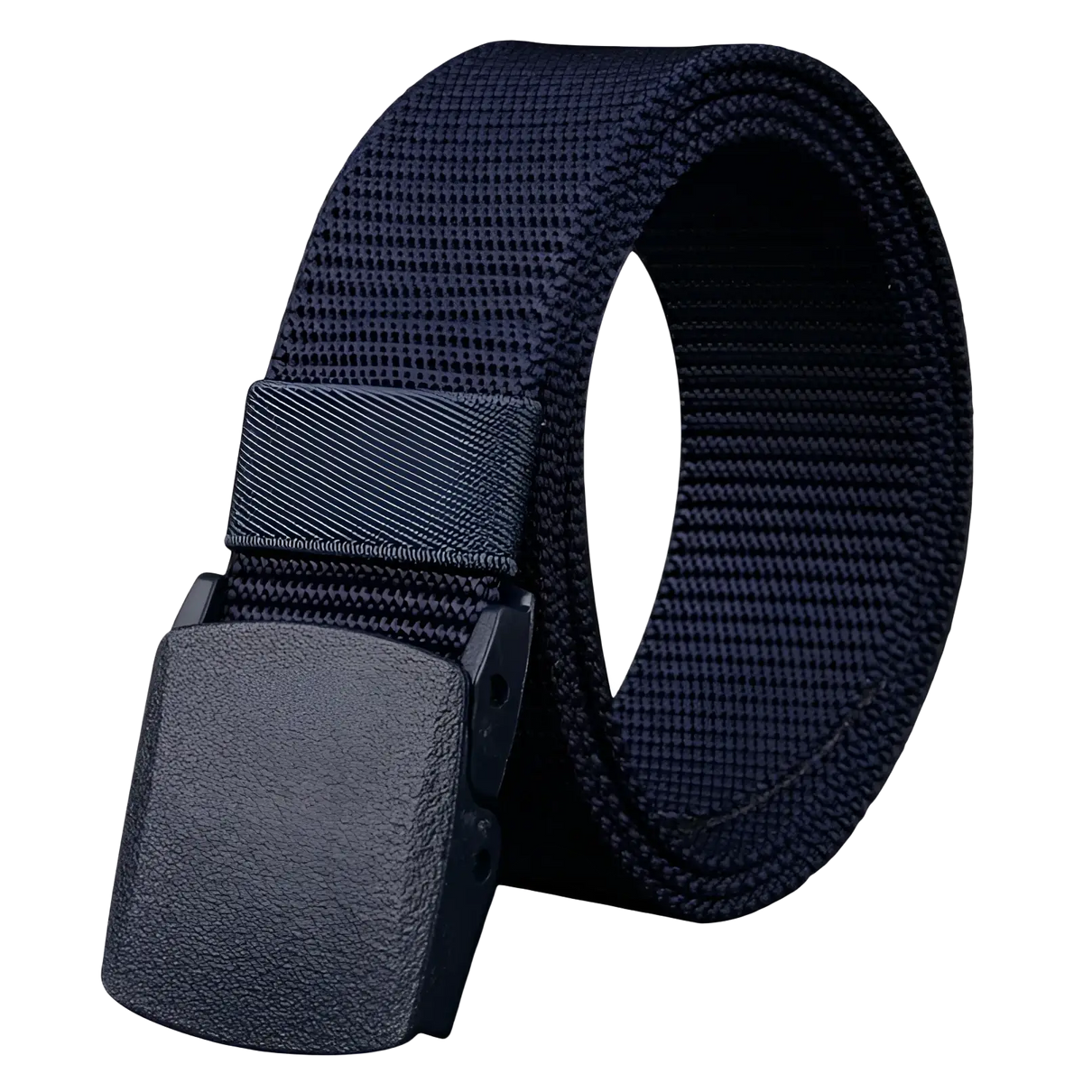 Dark navy tactical canvas belt with textured matte black plastic buckle adjustable for men outdoor waistband