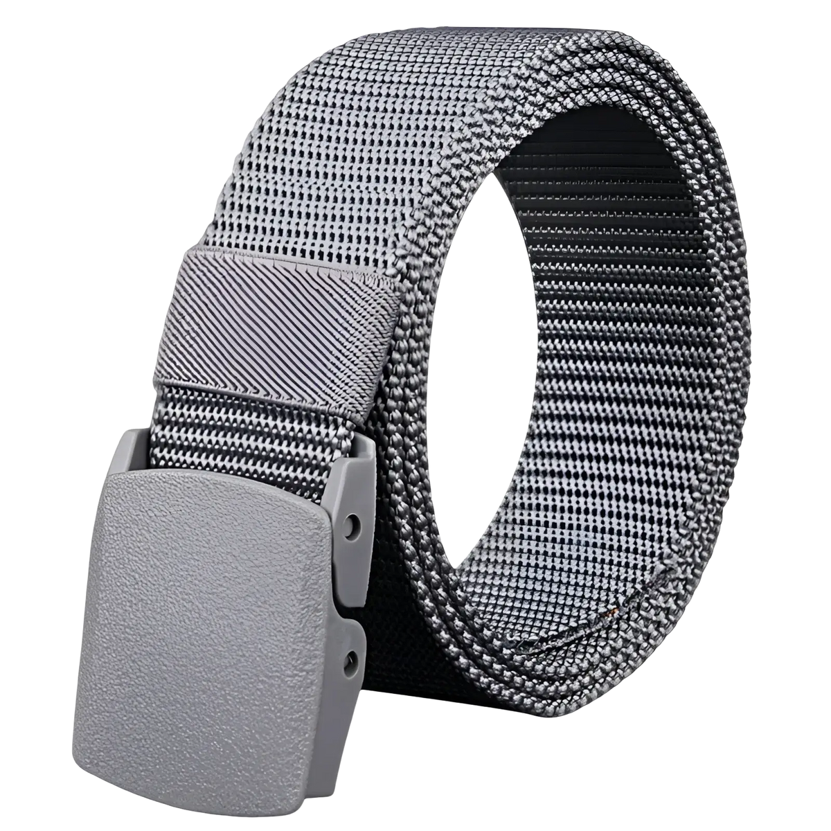 Gray tactical canvas belt with adjustable webbing and matte gray plastic buckle for outdoor use