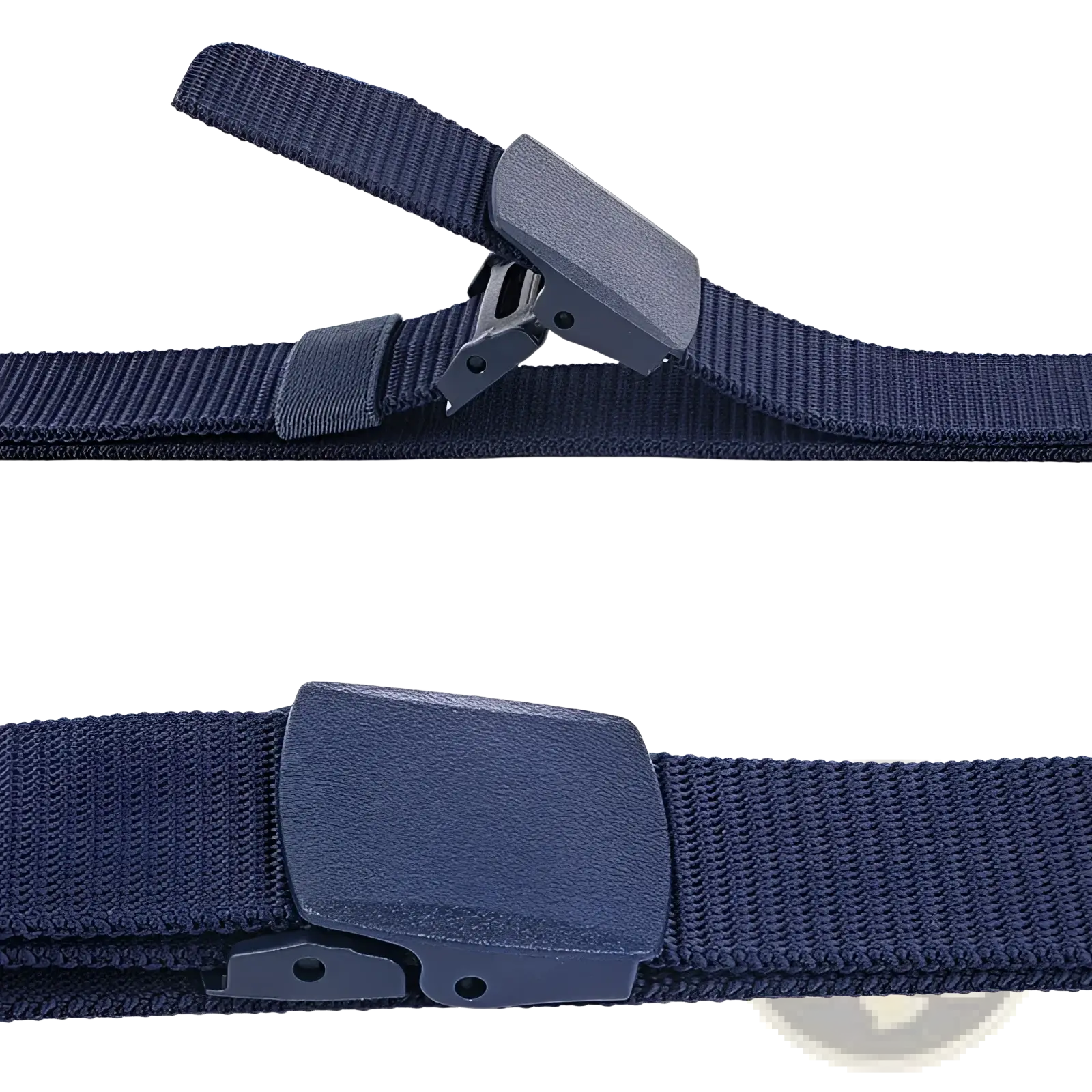 Navy blue tactical canvas belt made of woven nylon with matte black plastic buckle for adjustable outdoor use