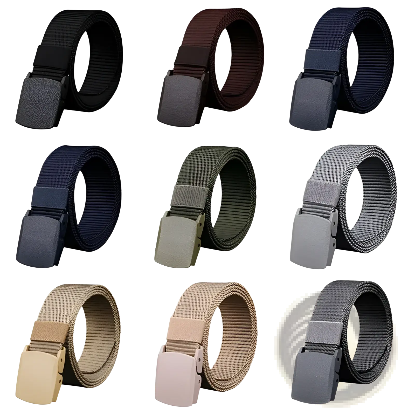 Nine tactical canvas belts in black brown navy olive gray and tan with matte plastic buckles for outdoor use