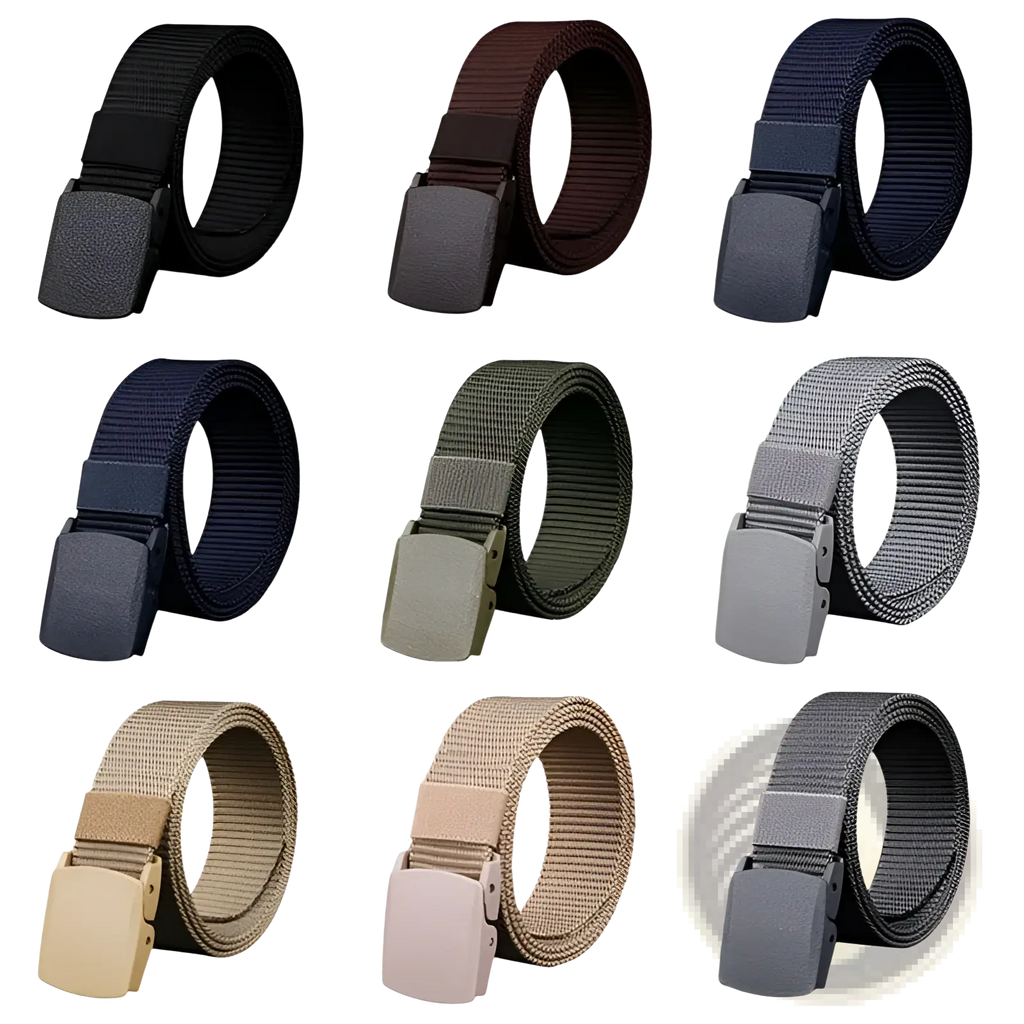 Nine tactical canvas belts for men in black brown navy blue olive green gray and tan with adjustable matte plastic buckles