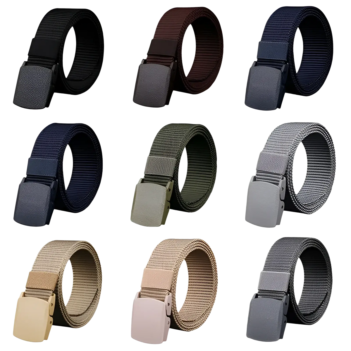 Nine tactical canvas belts in black brown navy olive gray and tan with matte plastic buckles for outdoor use