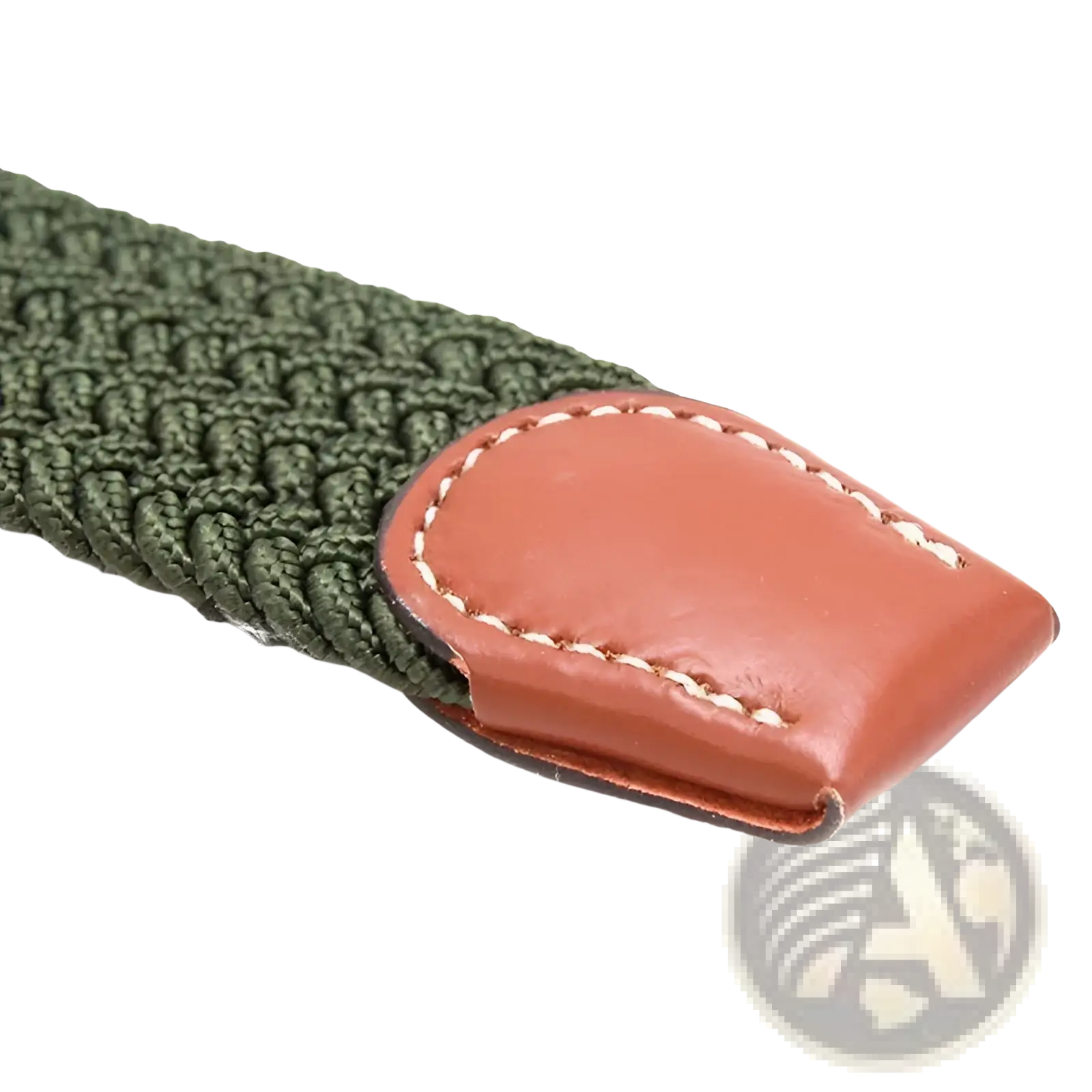 Olive green tactical canvas belt with tan leather tip and white stitching for adjustable outdoor use