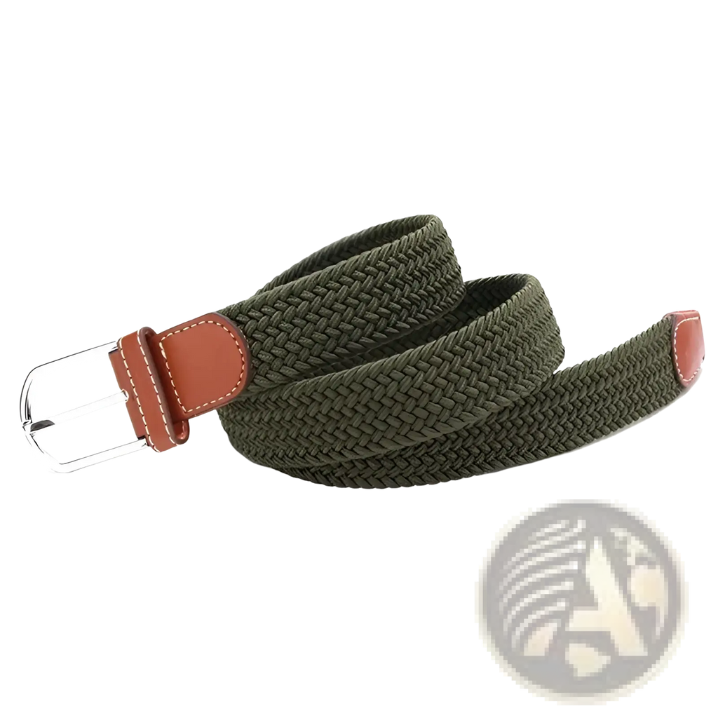 Tactical canvas belt adjustable men outdoor waistband made of olive green woven elastic with silver buckle and tan leather accents