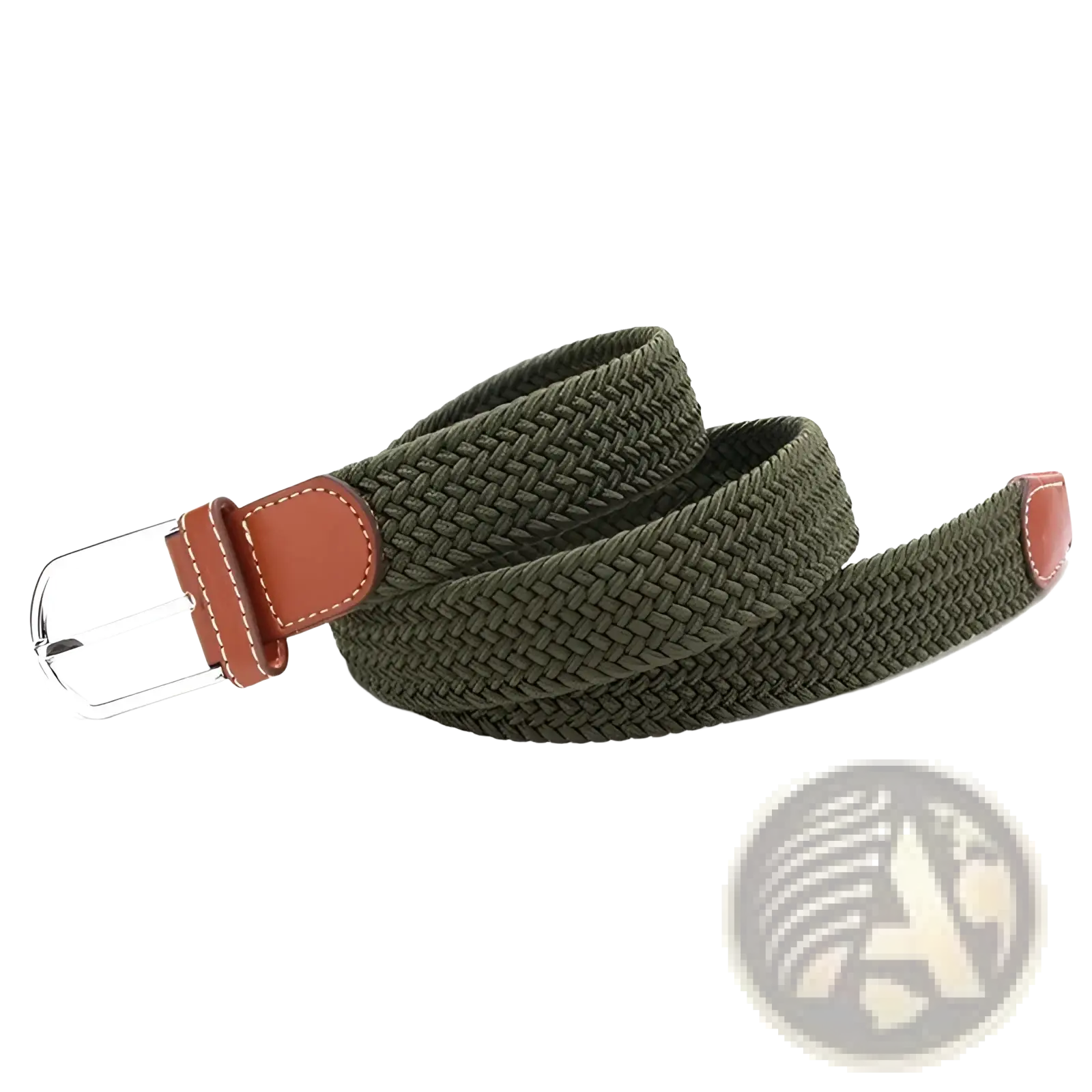 Tactical canvas belt adjustable men outdoor waistband made of olive green woven elastic with silver buckle and tan leather accents