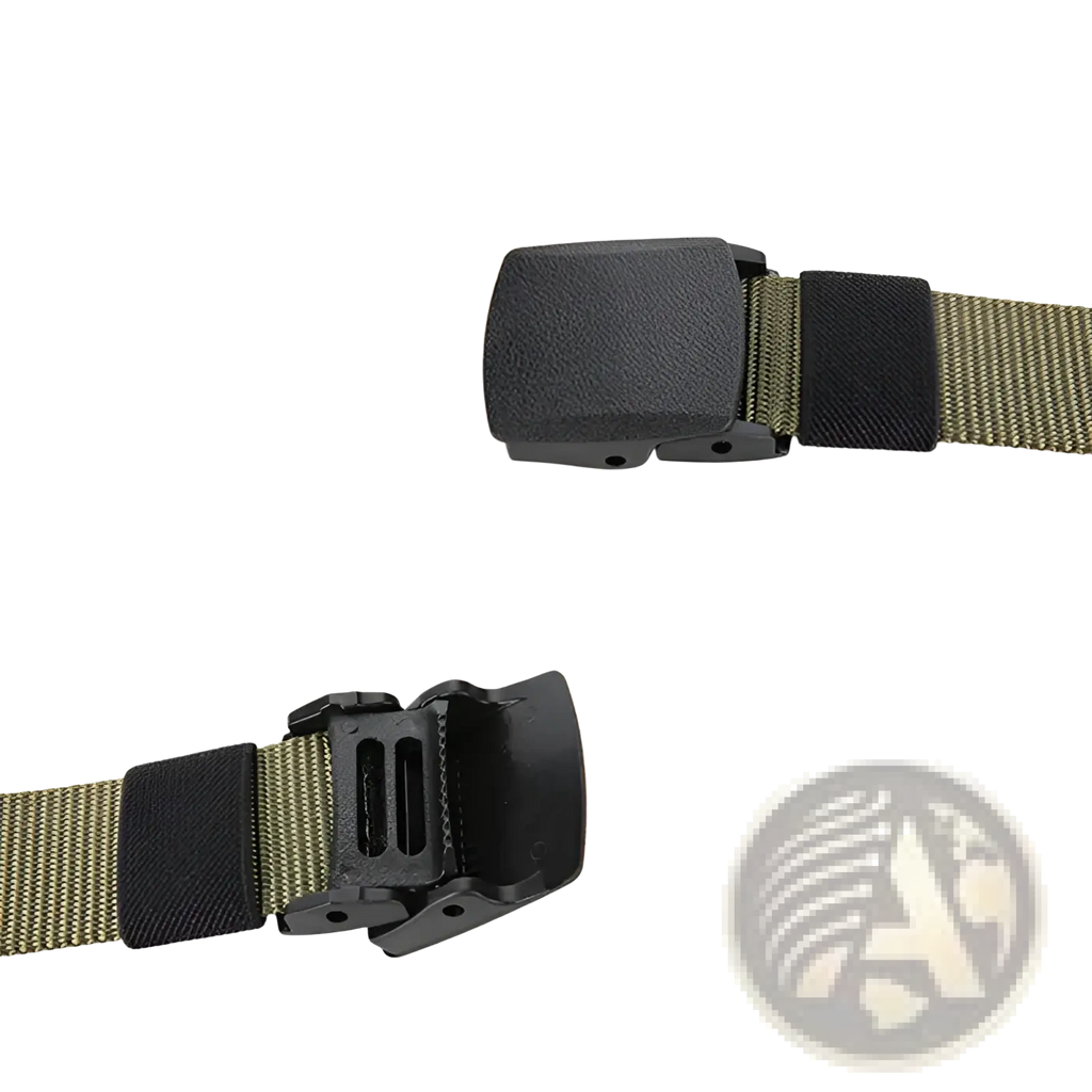 Olive green tactical canvas belt with black plastic buckle and adjustable strap for men outdoor waistband use