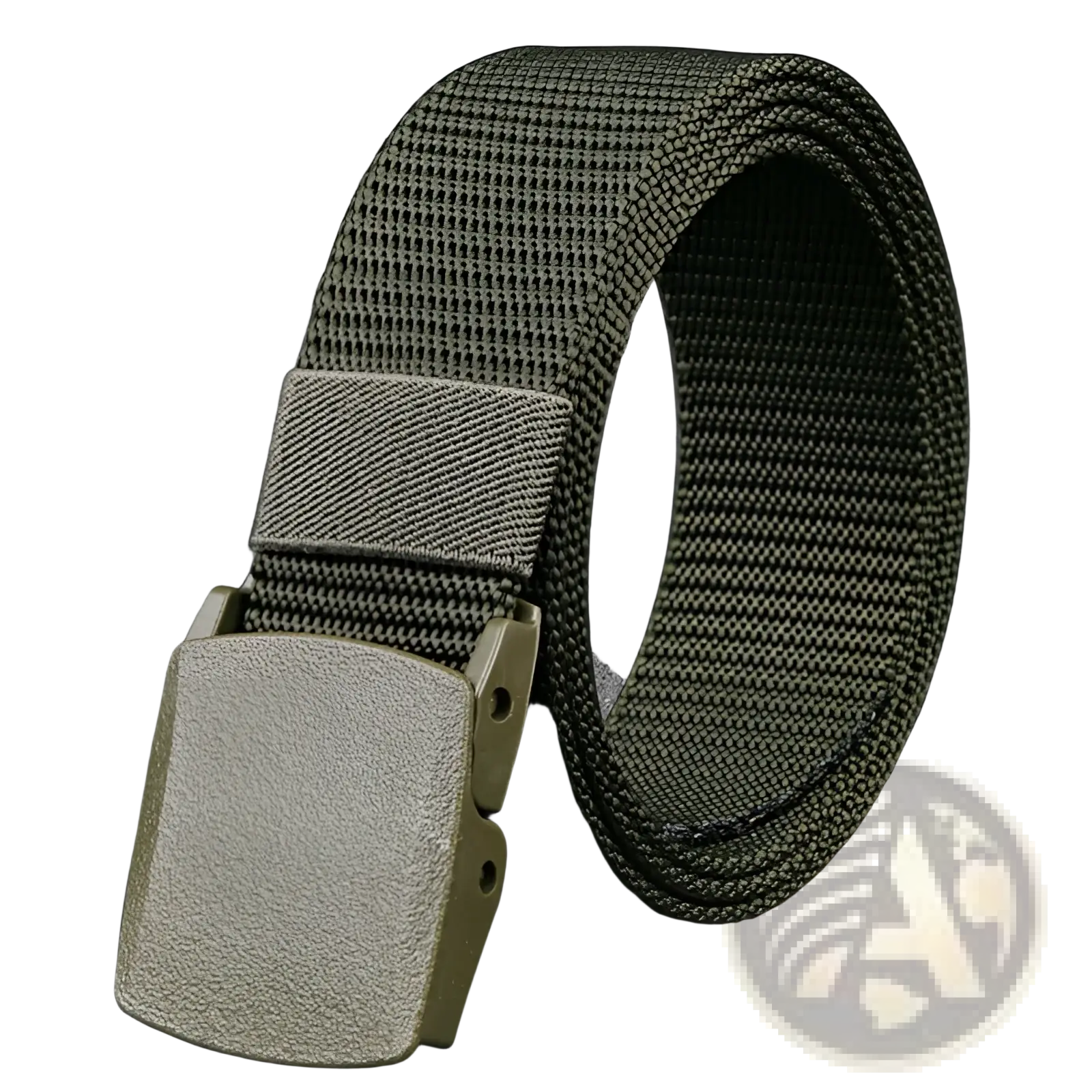 Olive green tactical canvas belt with adjustable webbing and matte tan plastic buckle for outdoor use