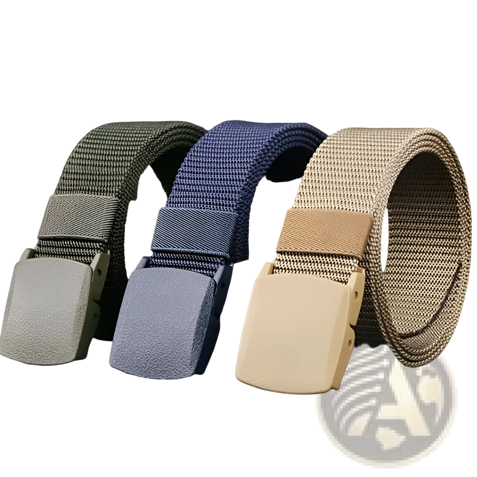 Three adjustable tactical canvas belts in olive green navy blue and tan with matching textured plastic buckles for men