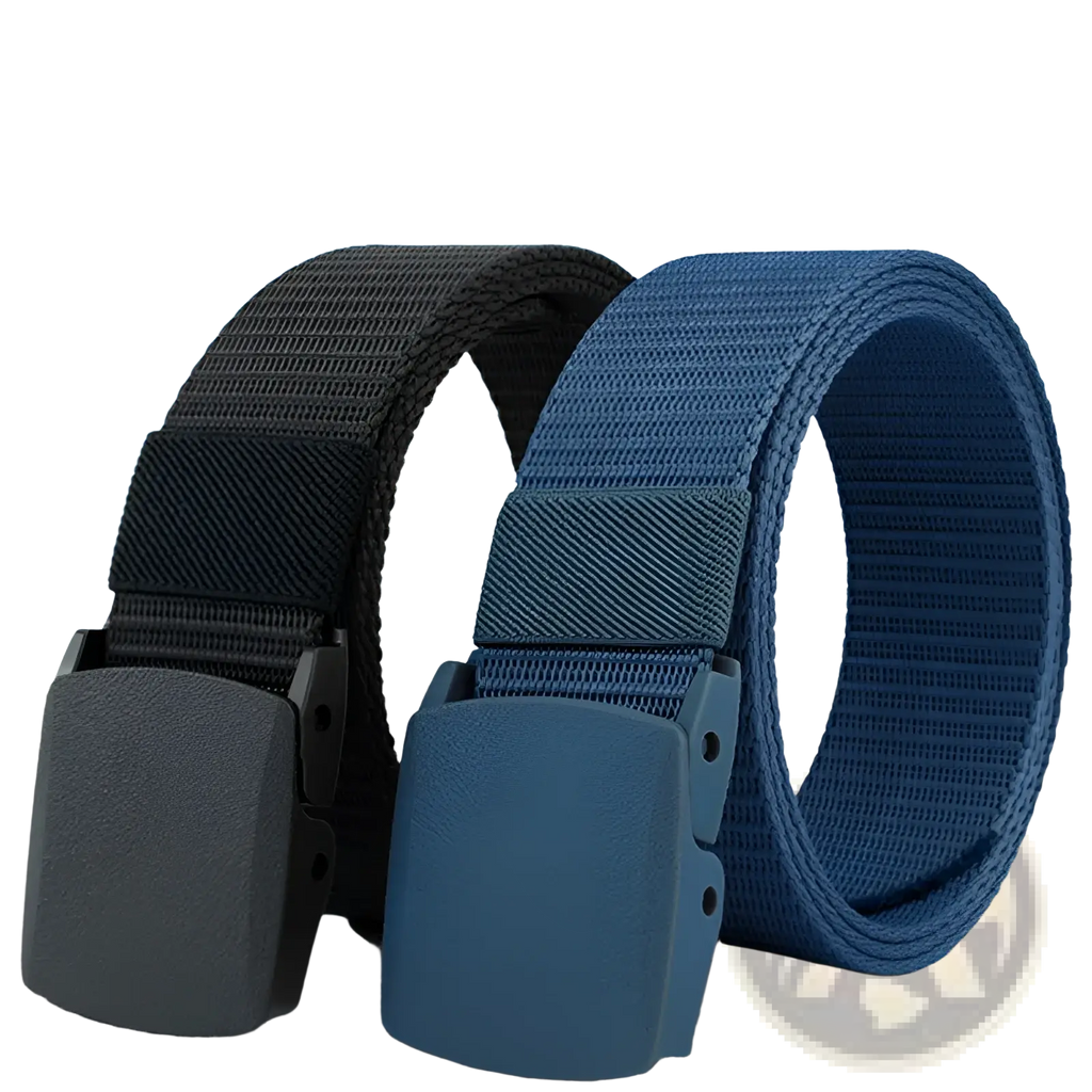 Two tactical canvas belts in dark gray and navy blue with durable woven fabric straps and adjustable plastic buckles