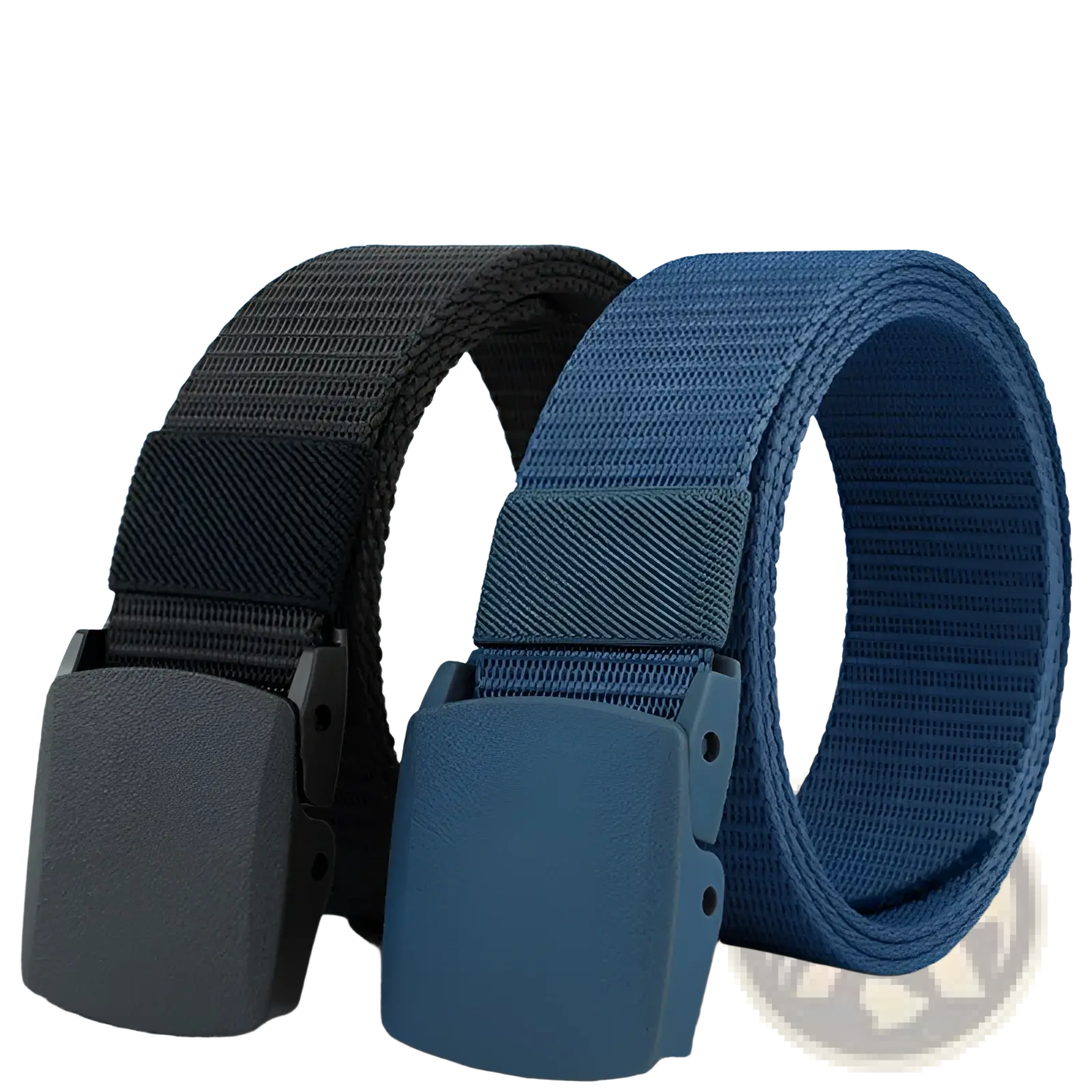 Two tactical canvas belts in dark gray and navy blue with durable woven fabric straps and adjustable plastic buckles