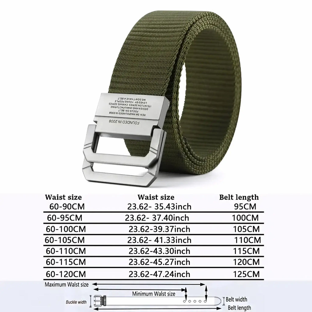 Olive green tactical canvas webbing belt with a silver toned automatic metal buckle for durable use