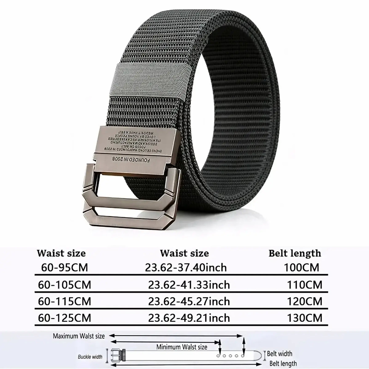 Black tactical canvas webbing belt with silver-toned metal automatic buckle for durable outdoor use