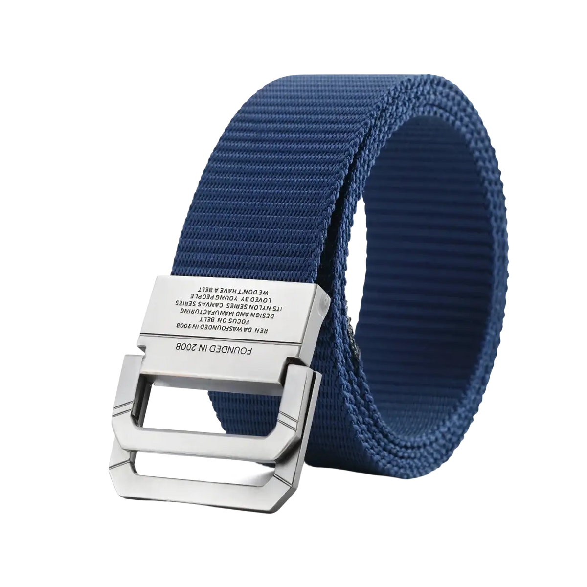 Blue tactical canvas webbing belt with a silver-toned automatic buckle featuring engraved text