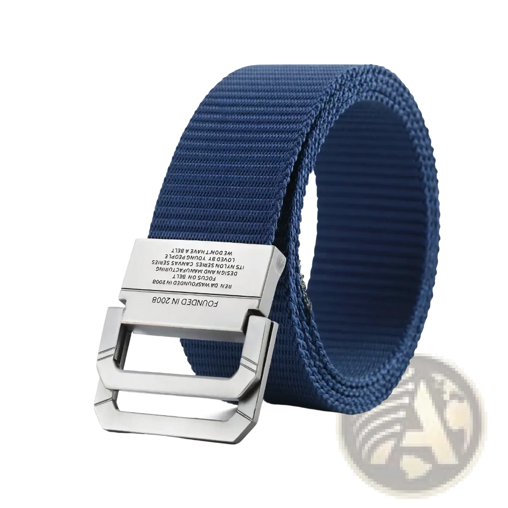 Blue tactical canvas webbing belt with a silver-toned automatic buckle featuring engraved text