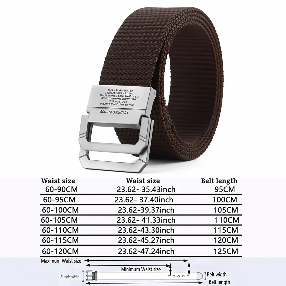 Brown tactical canvas webbing belt with automatic silver toned metal buckle for secure outdoor use