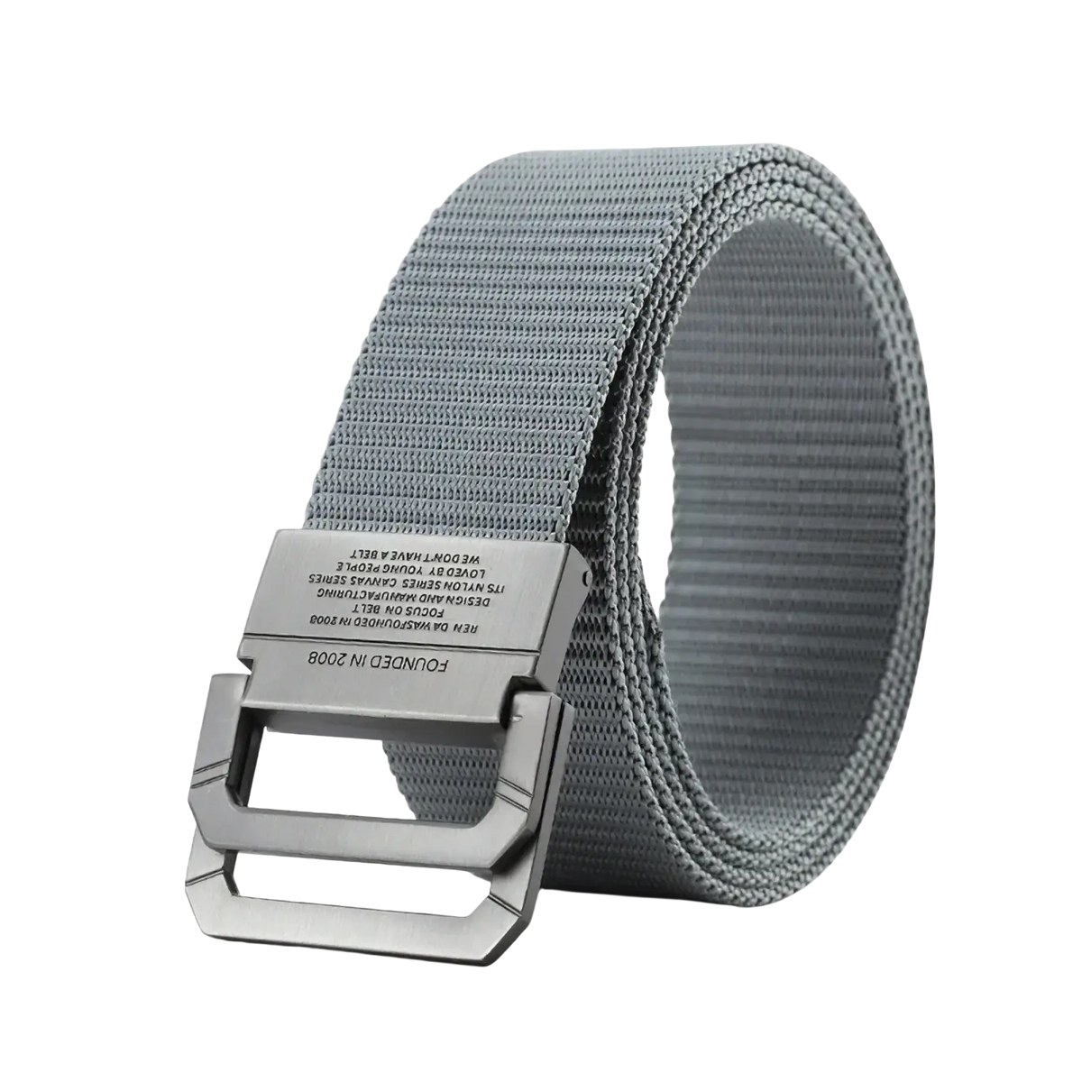 Gray tactical canvas webbing belt with automatic silver-toned metal buckle engraved with coolerfire brand logo