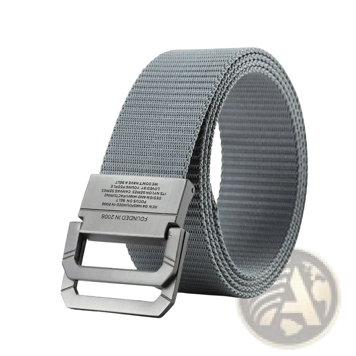Gray tactical canvas webbing belt with automatic silver-toned metal buckle engraved with coolerfire brand logo