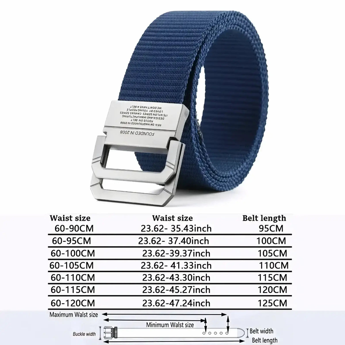 Navy blue tactical canvas webbing belt with a silver-toned automatic metal buckle made of durable canvas webbing