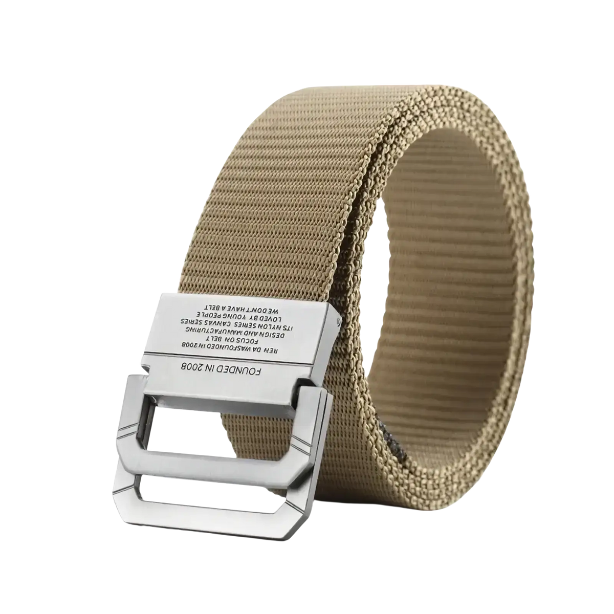 Tan tactical canvas webbing belt with silver-toned automatic metal buckle featuring engraved text for durability