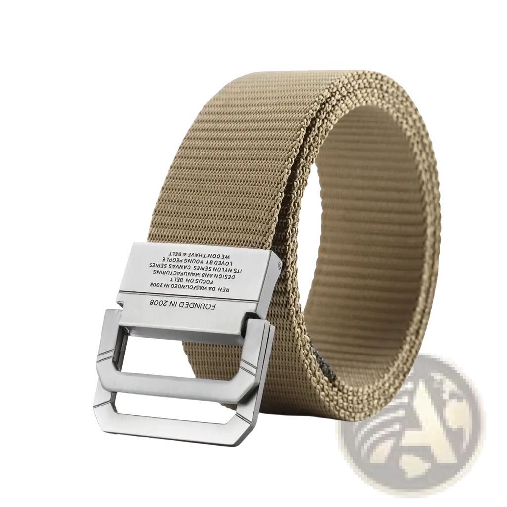 Tan tactical canvas webbing belt with automatic silver-toned rectangular buckle featuring engraved text