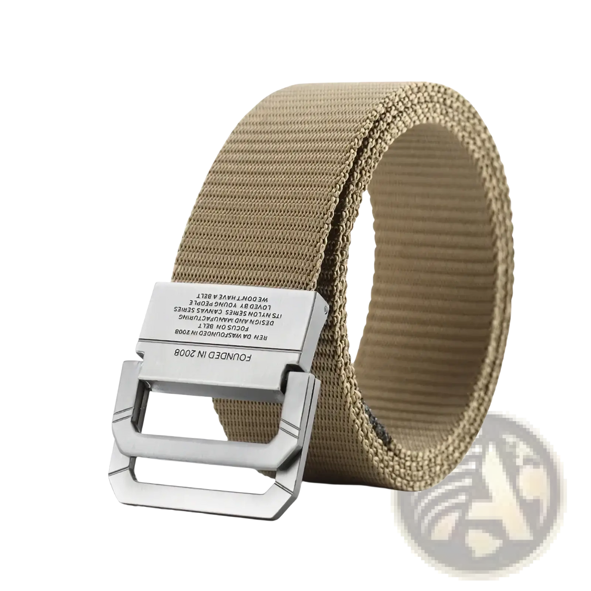 Tan tactical canvas webbing belt with automatic silver-toned rectangular buckle featuring engraved text