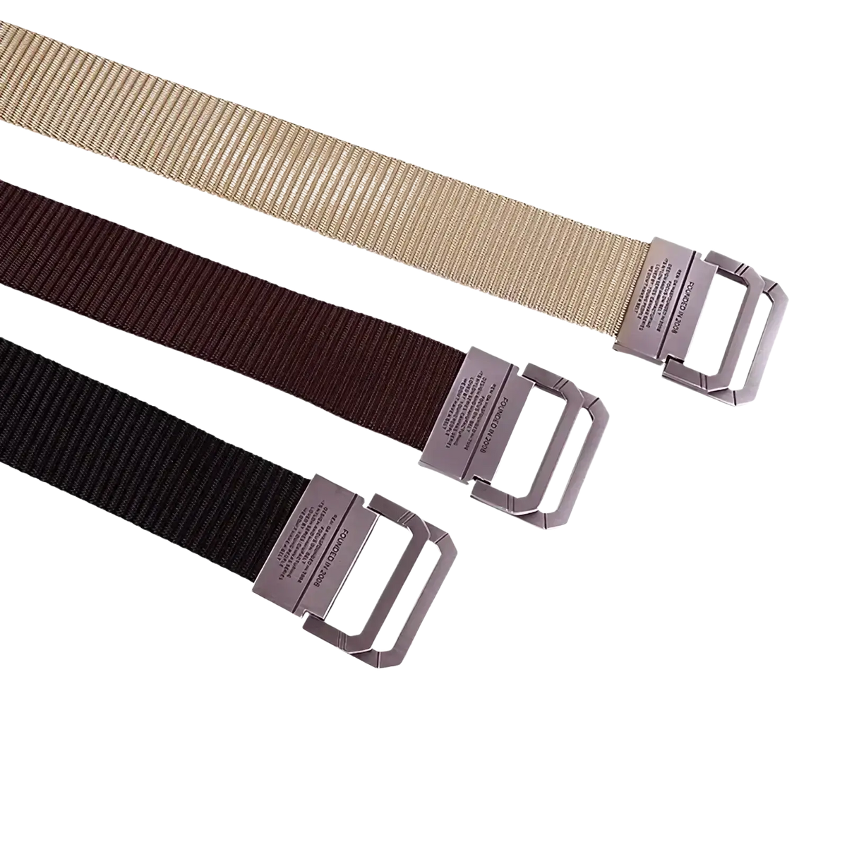 Three tactical canvas webbing belts in tan brown and black with automatic metallic rectangular buckles