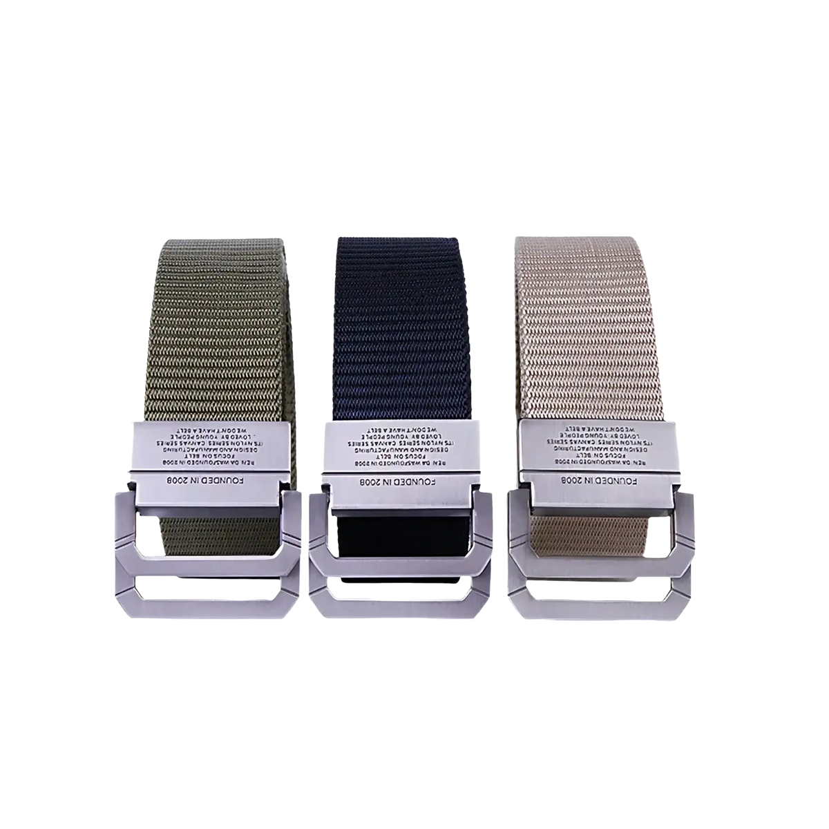 Tactical canvas webbing belts with automatic metallic silver buckles in olive green navy blue and tan colors