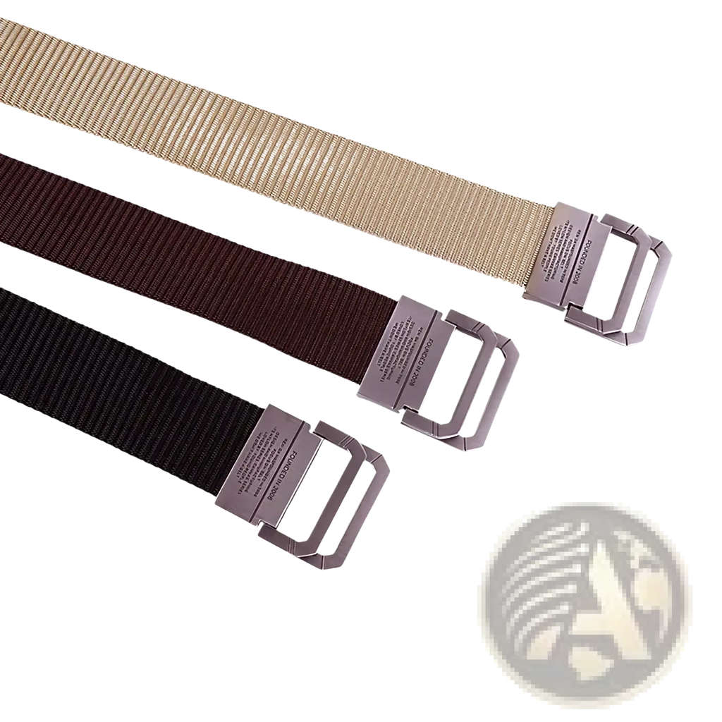 Three tactical canvas webbing belts with automatic metallic rectangular buckles in beige brown and black colors