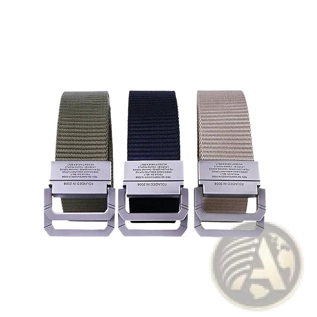 Tactical canvas webbing belts with automatic metallic silver buckles in olive green navy blue and tan colors