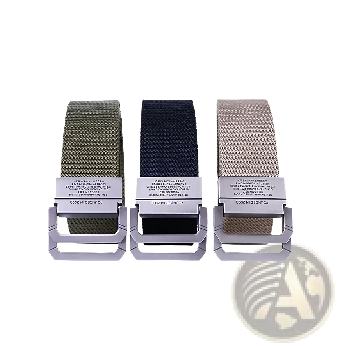 Tactical canvas webbing belts with automatic metallic silver buckles in olive green navy blue and tan colors