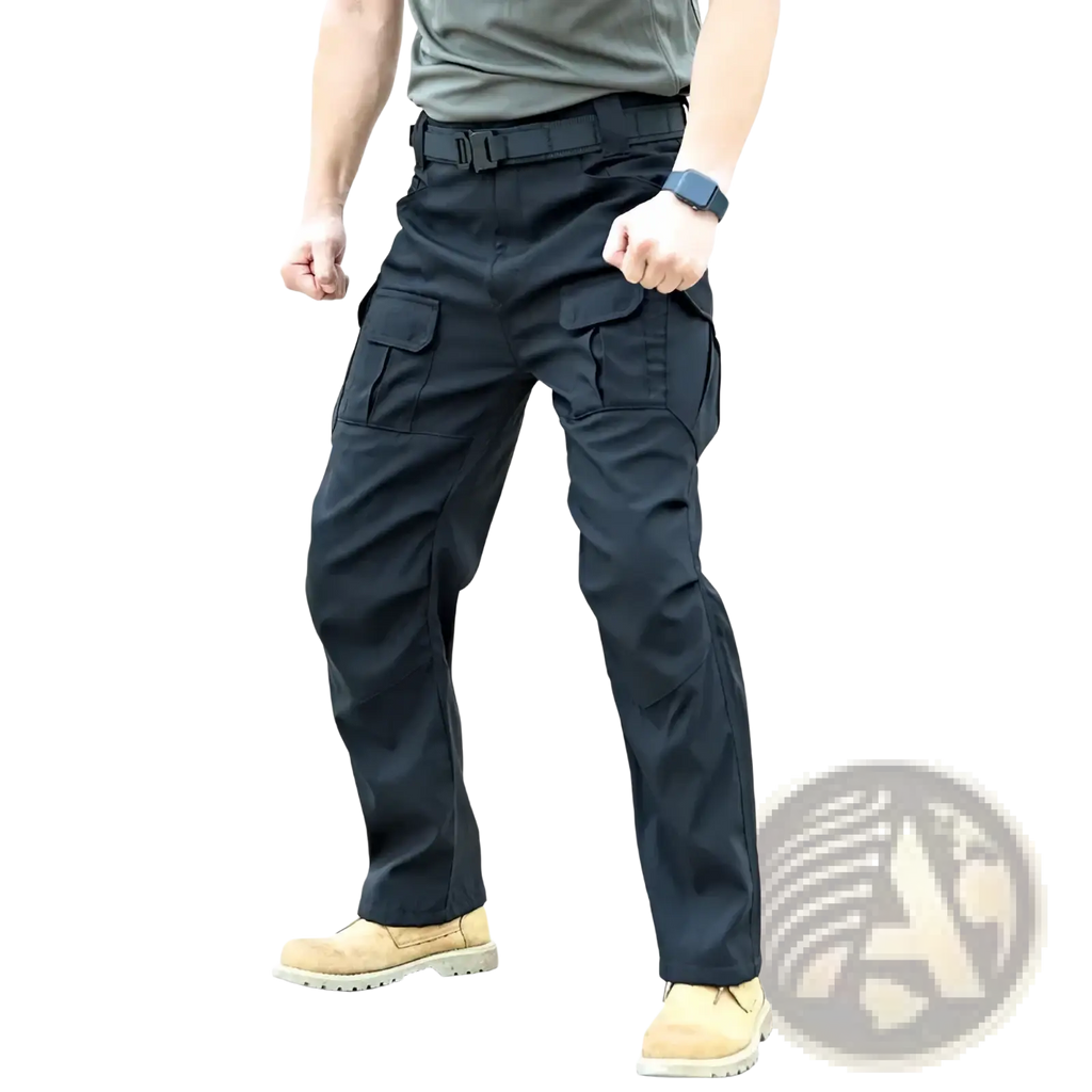 Black tactical cargo pants for men with multiple pockets and a sturdy belt designed for durable hiking use