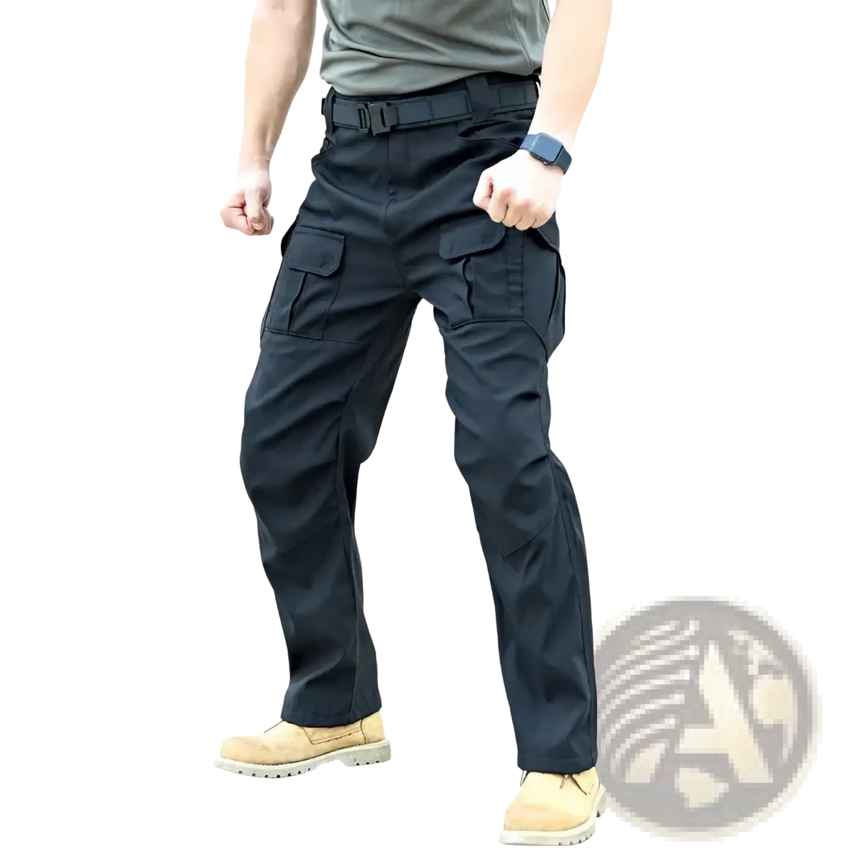 Black tactical cargo pants for men with multiple pockets and a sturdy belt designed for durable hiking use