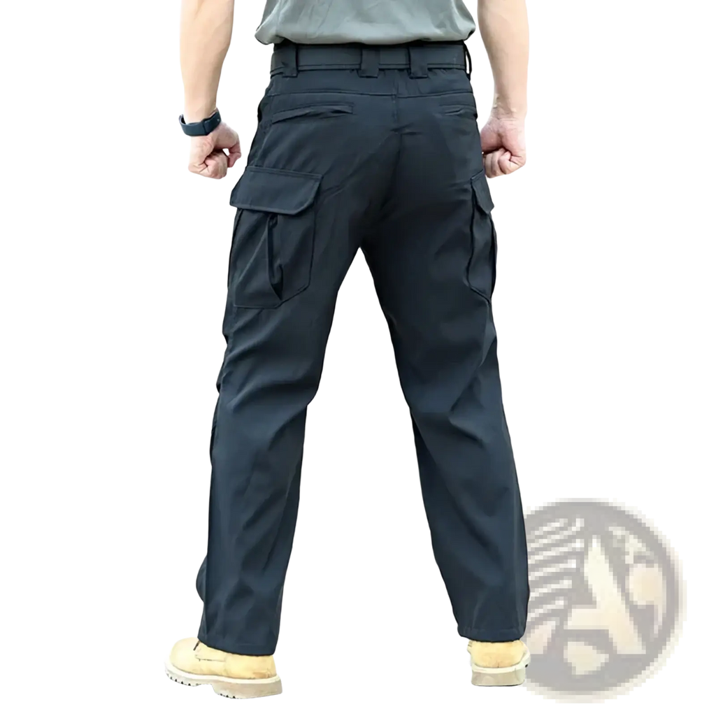 Black tactical cargo pants for men with multiple pockets made of durable fabric ideal for hiking and outdoor activities
